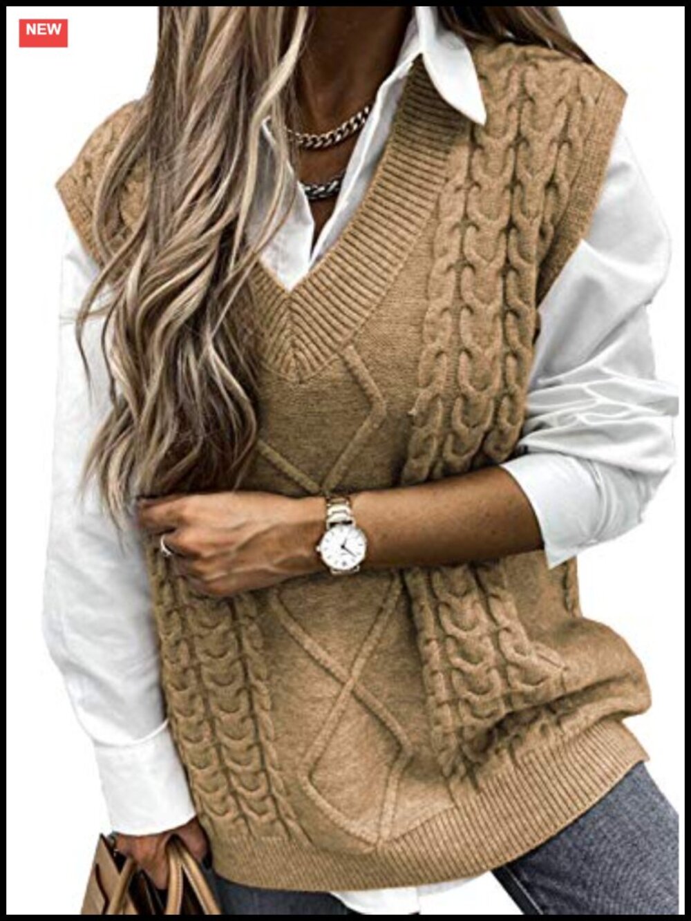 Oversized Cable Knit Sweater Vest Sleeveless V-Neck Pullover Top